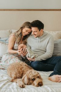 A sweet in-home newborn session with a family dog by Alicia D'Elia Photography, Colorado family photographer.